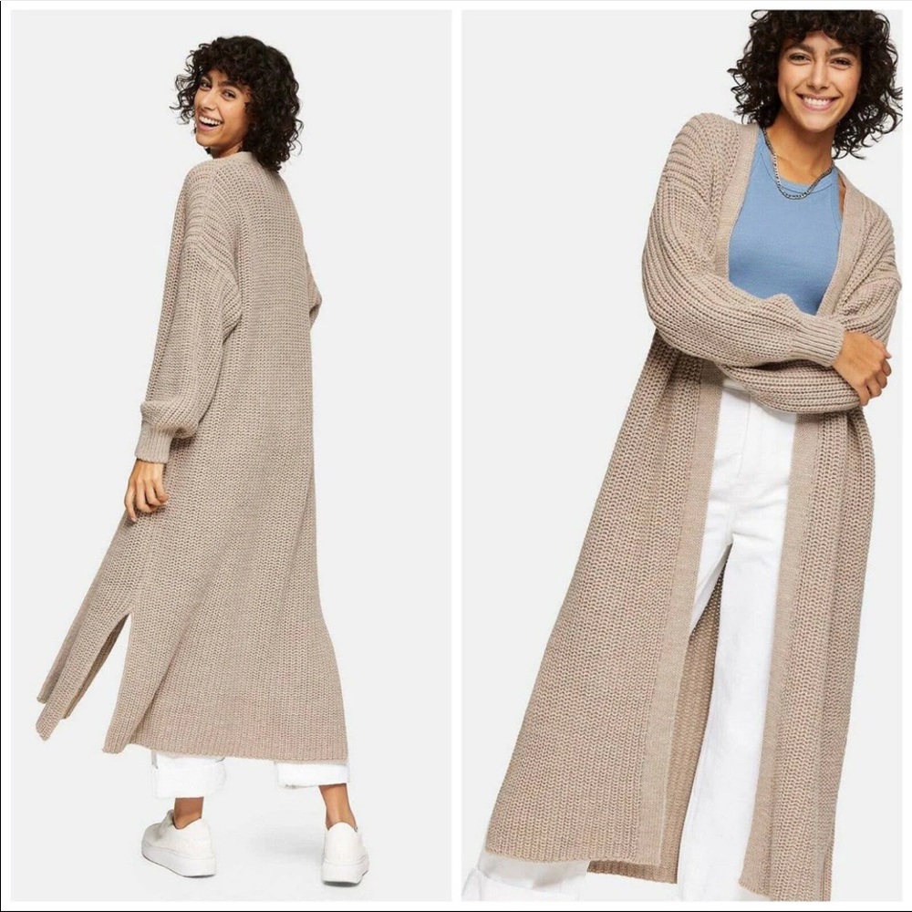 NEW TOPSHOP MAXI CARDIGAN DUSTER KNIT IN STONE BROWN US 0-2 Very Oversized.